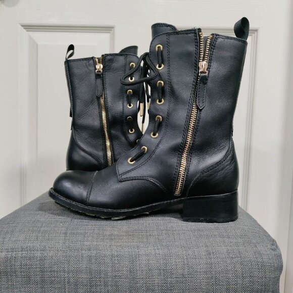 Valentino Garavani Black Leather Floral Applique Combat Boots Women's Size 6 - Picture 3 of 11